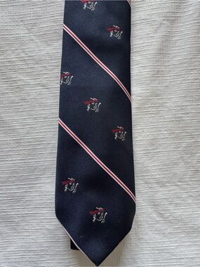 Frame Denim Navy Tie with Red and White Diagonal Stripes and Crest Motifs